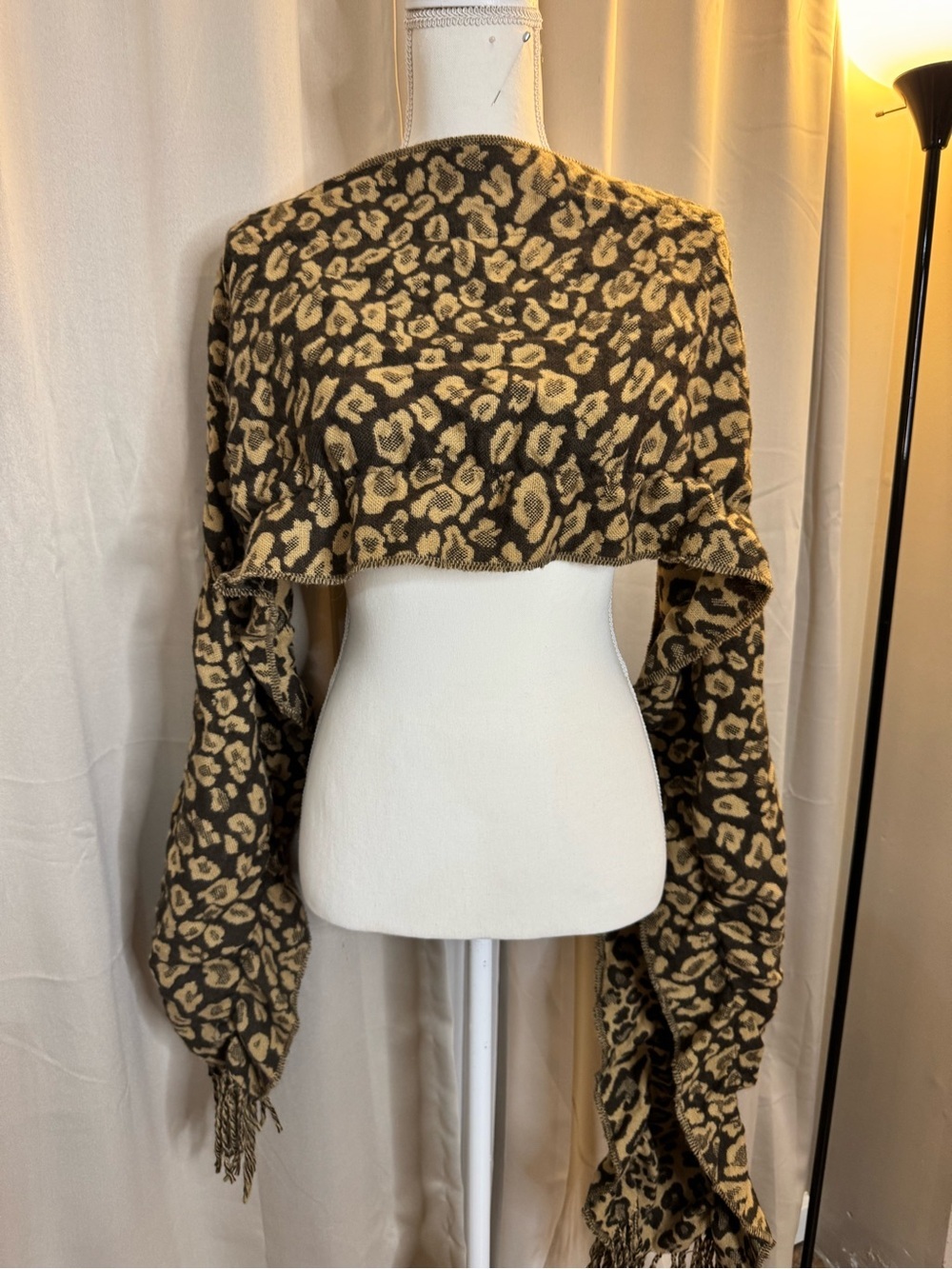Leopard Print Fringe Knit Scarf in Black and Tan - Picture 9 of 12